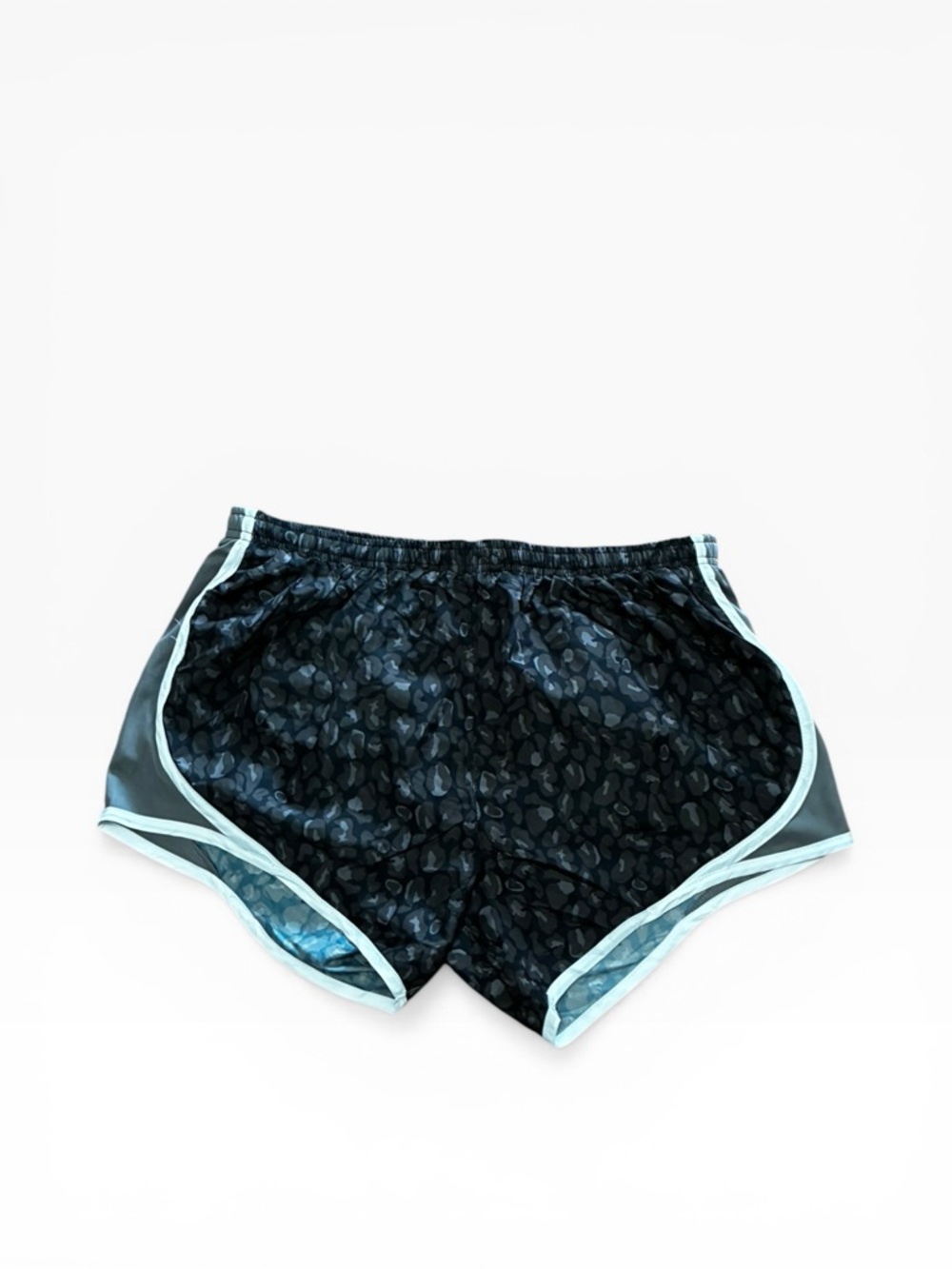 Women’s Black Leopard Print Athletic Shorts with Light Blue Trim